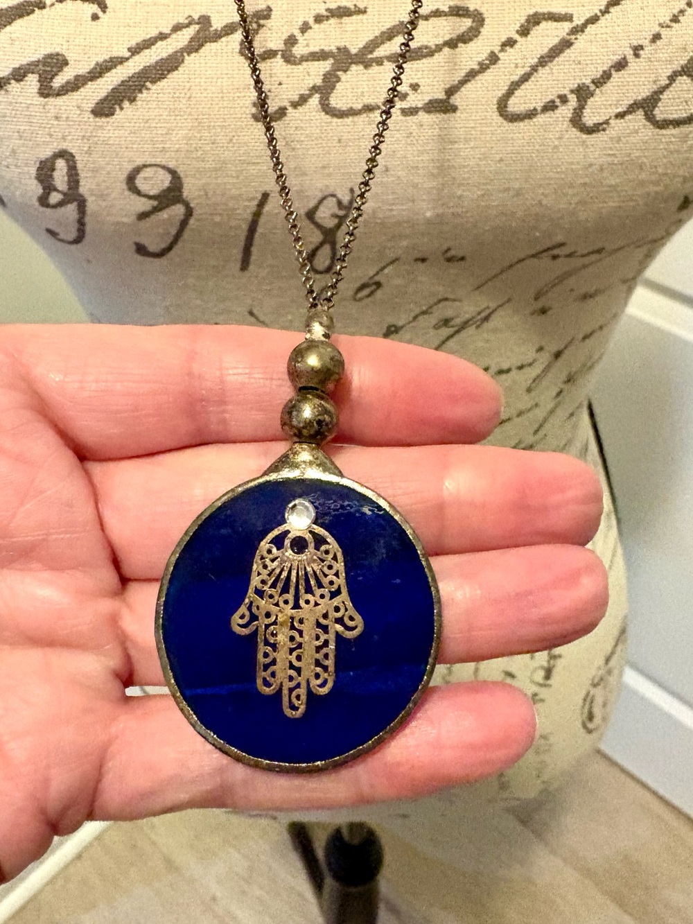 Israeli Blue Glass Hamsa Hand Long Pendant Necklace Evil Eye Artisan 31”